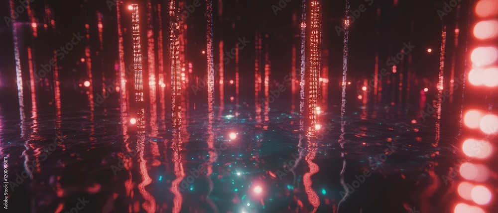 Poster Holographic data stream visualization with cascading binary code in a futuristic setting