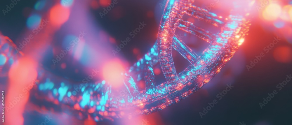 Aufkleber holographic dna strand showcasing a vibrant rotating helix with intricate details and glowing effect
