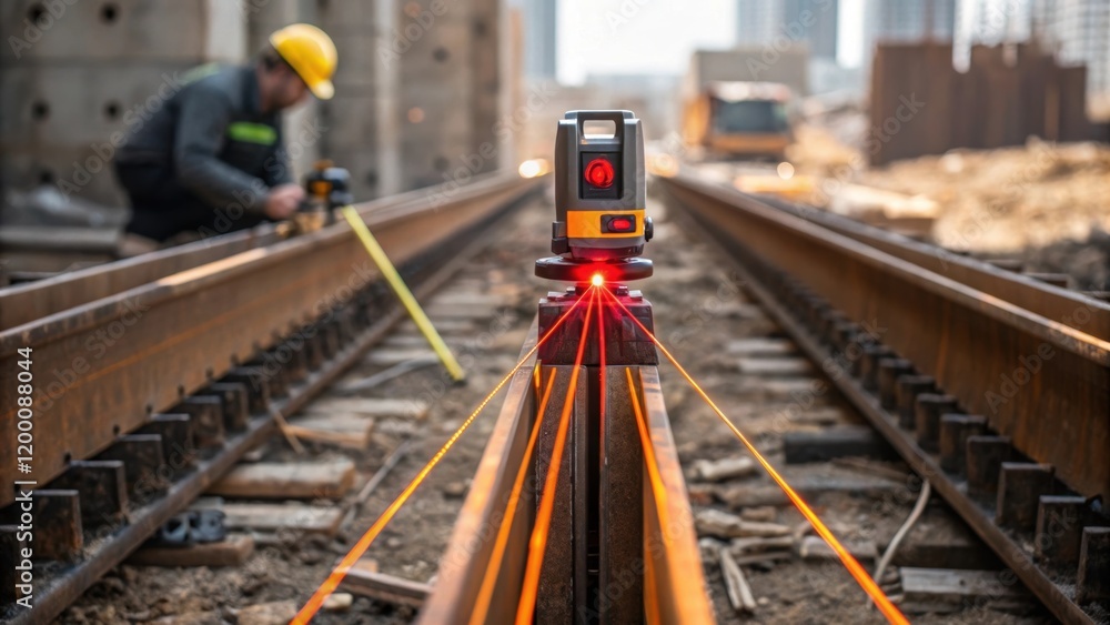 Poster a medium closeup shows a worker measuring the alignment of a steel pile with a laser level the refle