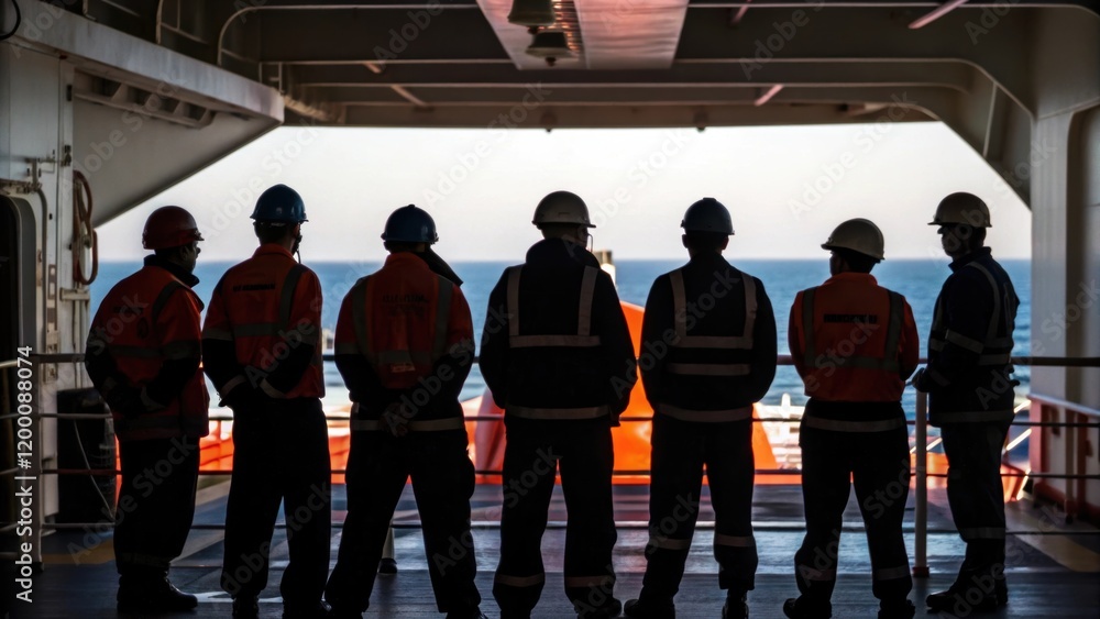 Poster a medium closeup that captures the dynamic silhouette of a maintenance crew engaged in a safety brie