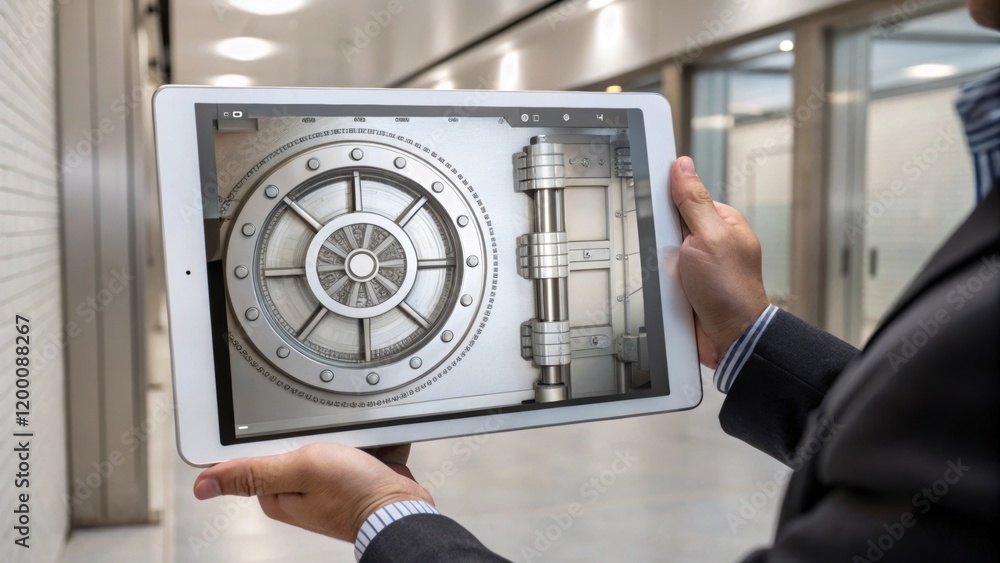 Aufkleber An architects hand holding a digital tablet displaying the 3D model of the vault depicting modern designs and the advanced engineering process involved.