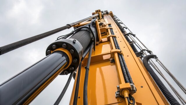 An angled medium closeup of the boom arm of the pile driver extended towards the sky displaying the tension in the cables and the mechanical precision in the joints.