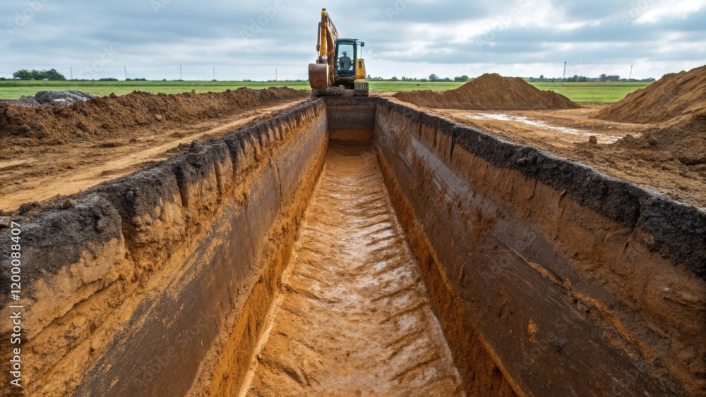 Poster an excavated trench glistens with moisture with sharp clean edges formed by the excavators bucket re