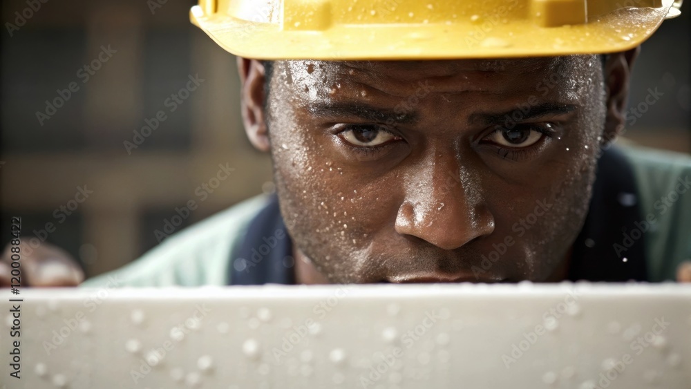 Aufkleber An extreme closeup of a workers face beads of sweat forming as they concentrate on aligning the wall panel with precision illuminating the effort behind such construction tasks.