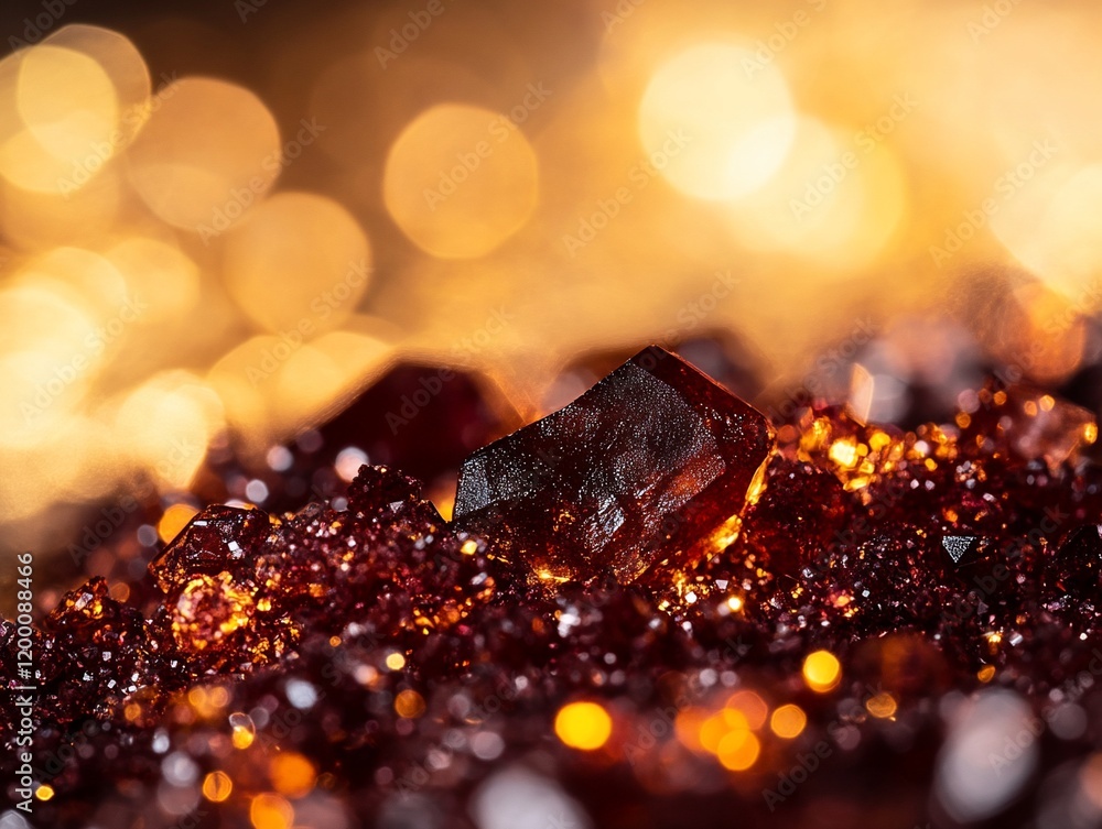 Poster sparkling red crystals on bokeh background.
