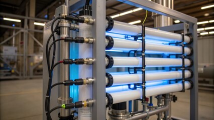 An illuminated view of the inner workings of a reverse osmosis unit highlighting the intricate arrangement of tubing and connectors within an industrial setting.