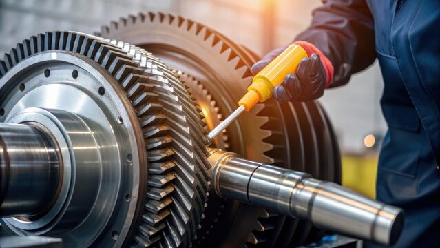 An image capturing the technician applying lubricant to a gear inside the turbine generator showing the mechanical components in action and the care taken in maintenance.
