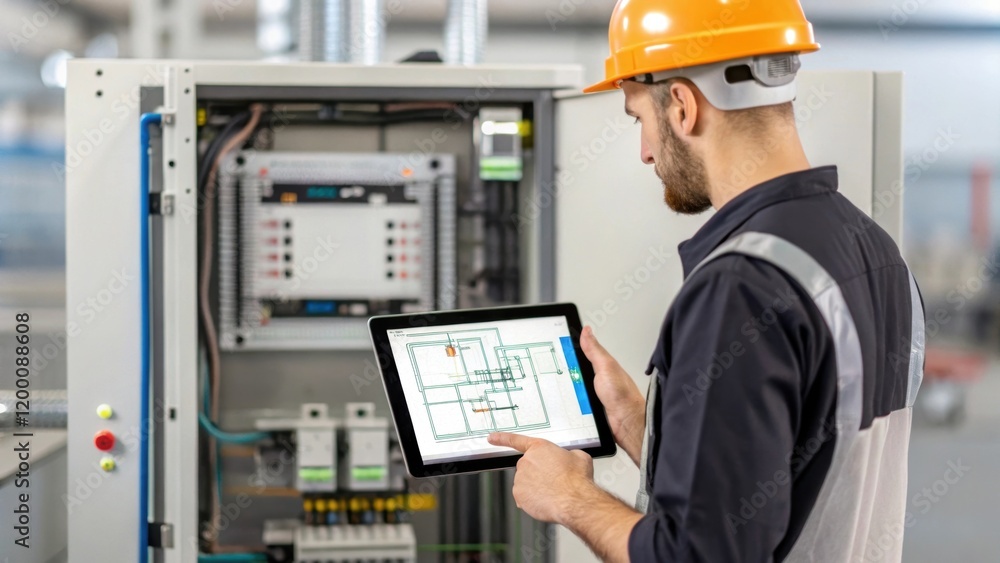 Aufkleber An industrial technician reviewing a wiring diagram on a tablet while standing beside a partially assembled control panel combining digital planning with physical assembly.