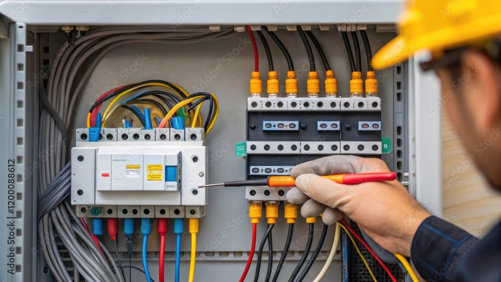 Poster an image showcasing the ovens electrical junction box featuring a technicians hand connecting wires 