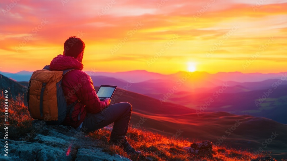 Aufkleber traveler enjoys a serene sunset while using a laptop in a picturesque mountainous landscape. generat