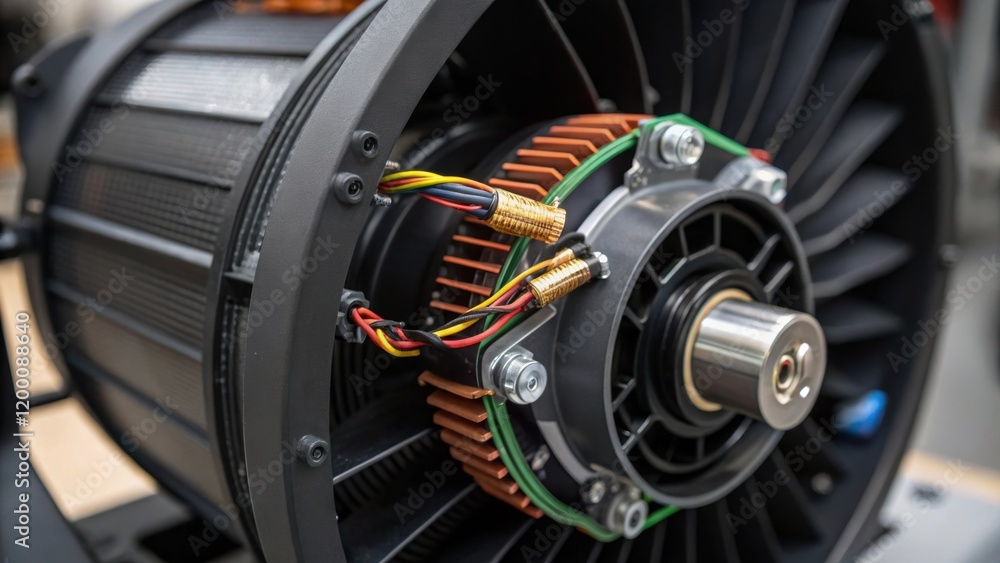 Poster An intricate closeup of a highpowered electric motor being attached to the fan assembly with wires and connectors visible showcasing the complexity of machinery.
