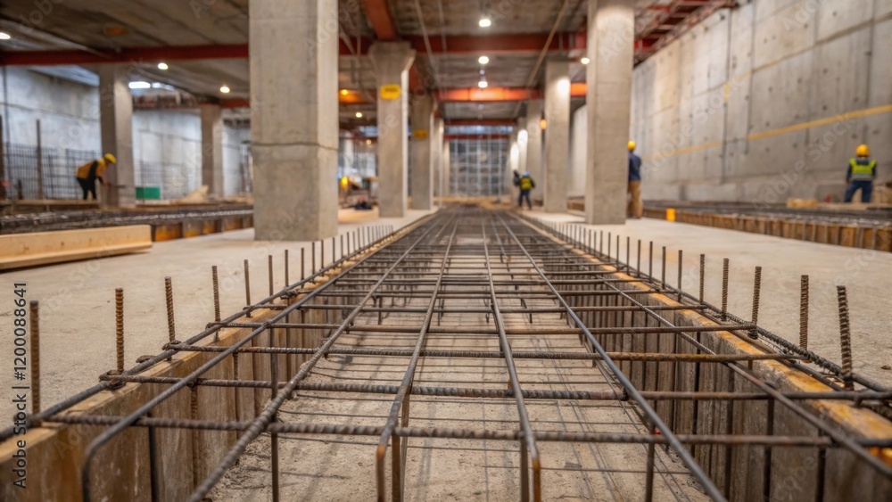Poster an interior shot of the vaults construction site focusing on the exposed rebar and concrete footings