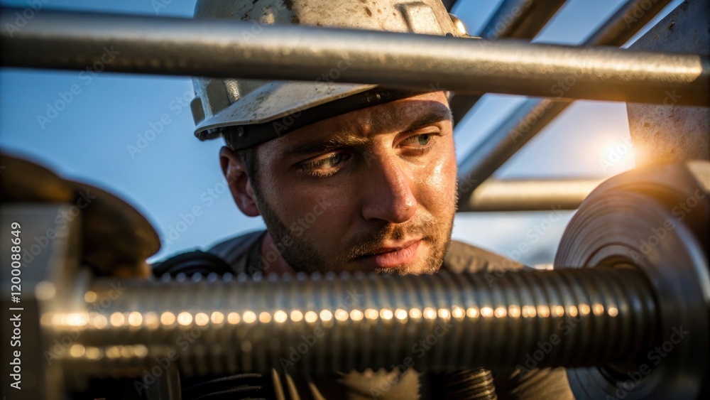Poster an intense closeup of a worker tightening a bolt with a ratchet sweat glistening on their forehead a