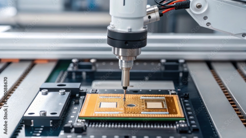Poster An intimate view of a robots end effector precisely applying conductive paste to a microchip highlighting the technical application and machinery intricacies.
