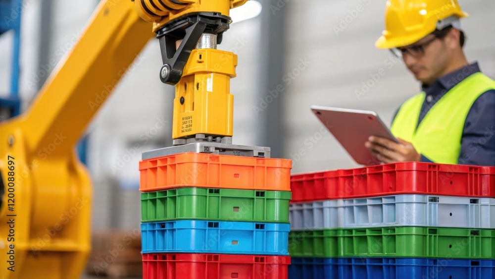 Poster An intricate shot of a robotic cranes claw clenching a stack of colorful crates with a worker adjusting settings on a tablet nearby focused on the task.