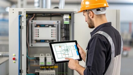 An industrial technician reviewing a wiring diagram on a tablet while standing beside a partially assembled control panel combining digital planning with physical assembly.