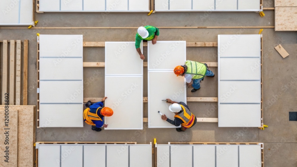 Aufkleber An overhead shot capturing several workers engaged in assembling wall panels integrating perspectives of teamwork while displaying the scale of the operation.
