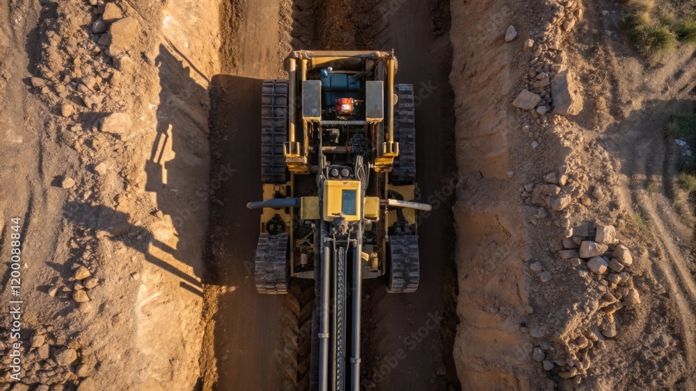 Poster An overhead shot of a laborer operating a large rugged cablelaying machine with intricate machinery details visible casting shadows on the freshly dug trench filled with soil and
