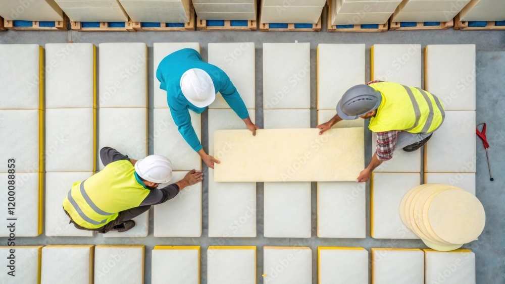 Aufkleber An overhead shot of multiple workers collaborating with each handling a different part of the insulation process demonstrating teamwork and efficiency.