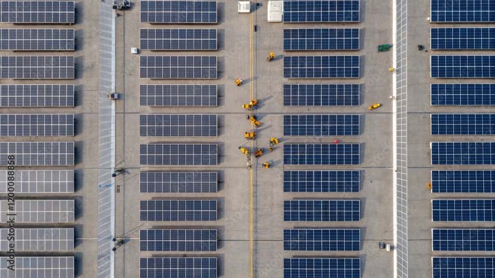 Aufkleber An overhead shot of a sprawling site with workers assembling large solar panels the layout revealing the systematic approach to sustainable energy infrastructures.