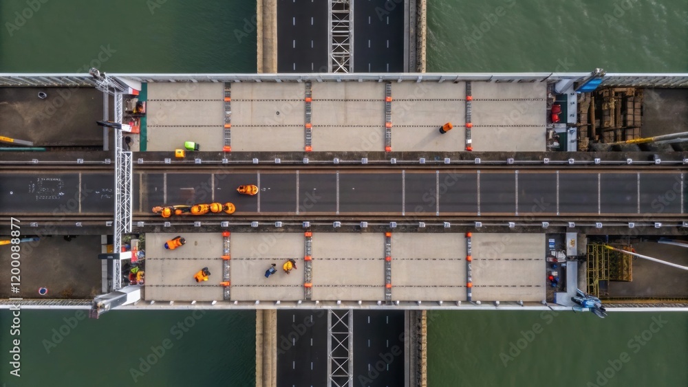 Aufkleber An overhead view of a bridge during the installation process showcasing workers coordinating the placement of railings along the structures sides.