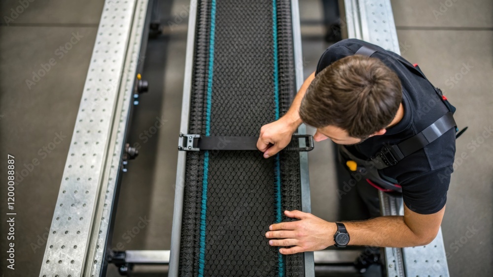 Poster an overhead view of a maintenance worker adjusting the tension on a conveyor belt with a dramatic fo
