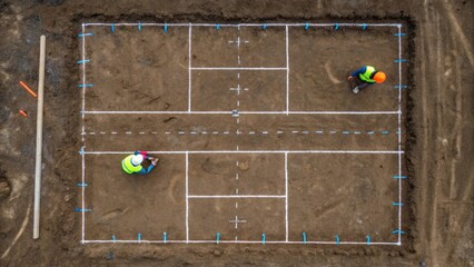 An overhead shot focusing on the ground where workers are marking out lines for foundations with chalk marks contrasting against the soil emphasizing precise planning.