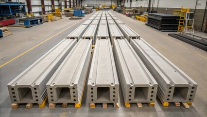An overhead shot of a series of prestressed concrete beams lined up in a factory showcasing the uniformity in their shapes and sizes with tools and equipment in the background