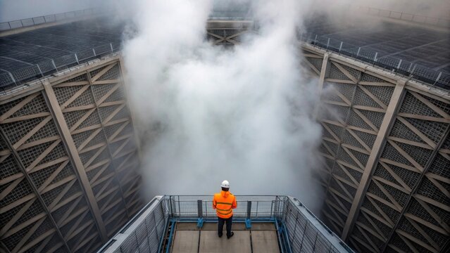 An overhead shot of a cooling tower filled with mist with an engineer at the base checking gauges and monitoring operational performance in contrast with the towering structure.