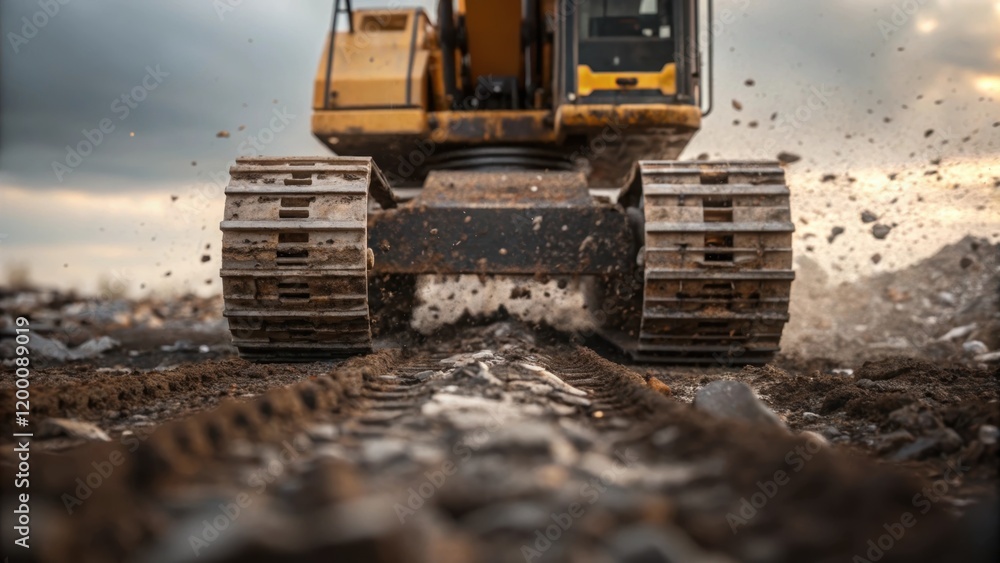 Aufkleber An upclose view of a large hydraulic excavator maneuvering through a field of debris with splatters of mud and shattered materials clinging to its tracks.