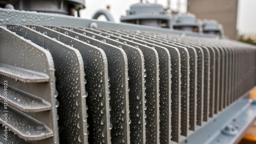 Poster an upclose shot of cooling fins on the side of an industrial transformer with droplets of condensati