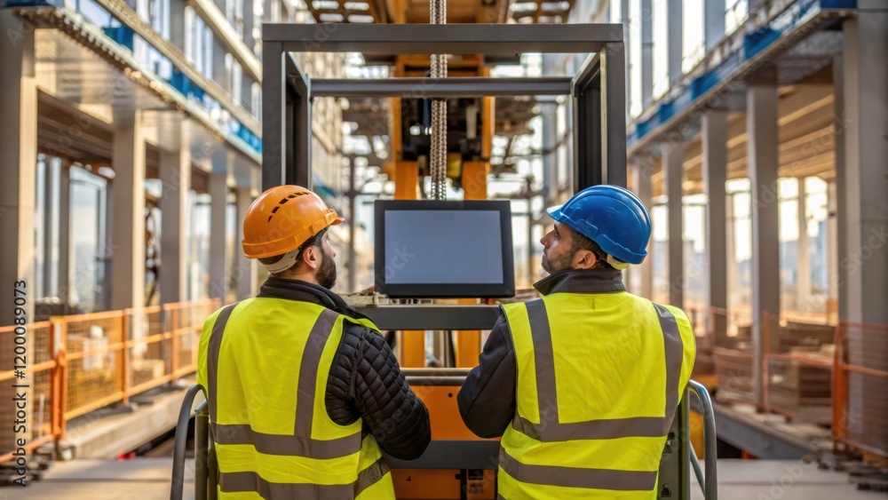 Poster a pair of skilled workers work in sync one guiding a panel while the other monitors the lift mechani