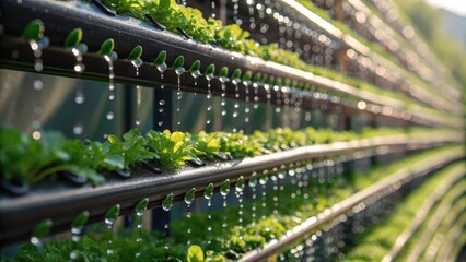An upclose shot of dripping watering systems integrated into the vertical garden structure with droplets glistening in the sunlight highlighting the blend of technology and nature.