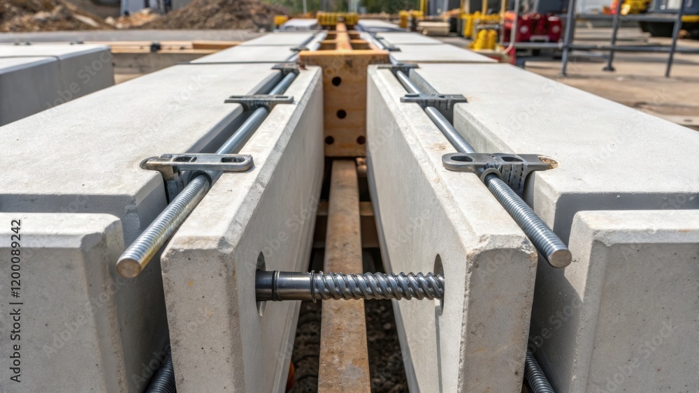 Aufkleber Assembly of Structural Sections A medium closeup showing two precast concrete sections being joined together with steel connectors emphasizing the engineering behind structural