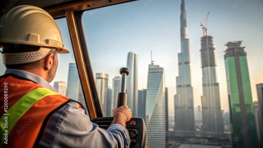 Aufkleber A side view of a crane operator adjusting a lever with strong focus skyscrapers stretching in the background capturing the sense of height and the scale of the construction