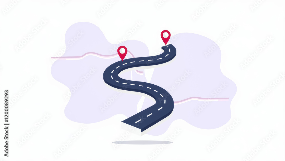 Poster isometric 3d of a winding road with location markers representing a journey or route