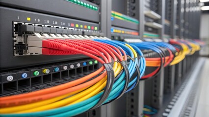 A shot capturing the installation of modular network switches with colorful fiber optic cables being meticulously routed into place against a backdrop of expansive server racks.