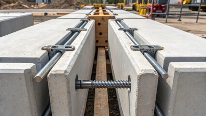 Assembly of Structural Sections A medium closeup showing two precast concrete sections being joined together with steel connectors emphasizing the engineering behind structural