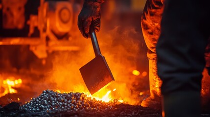 A steelworker forging metal in a foundry, with molten metal and heavy machinery in the background, Foundry scene