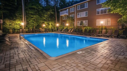 Night view of a rectangular swimming pool with surrounding lounge chairs and a building in the background.