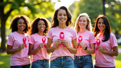 Fototapeta na wymiar Person standing in a hallway with light at the end and glowing pink ribbon symbolizing cancer awareness - concept of overcoming obstacles