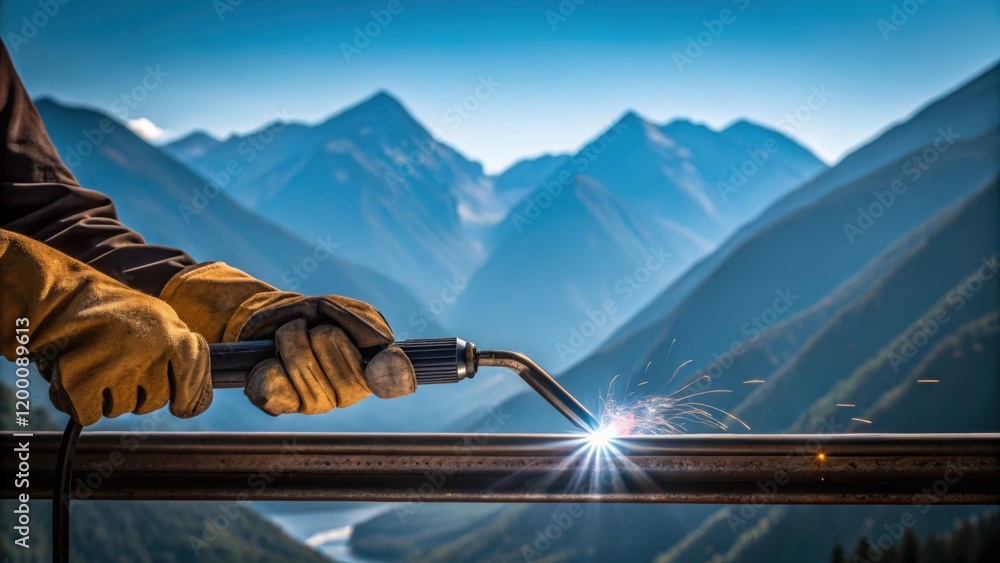 Poster A welders gloved hands skillfully manipulating a welding torch with a backdrop of towering mountains under a bright blue sky highlighting the isolation of the work environment.