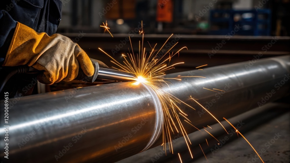 Poster a welders gloved hand steadying a torch against the pipeline sparks flying out as they apply a preci