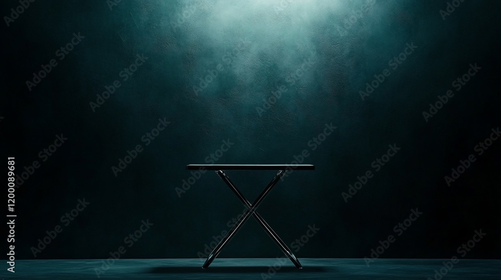 Poster dark moody studio scene with empty foldable table.