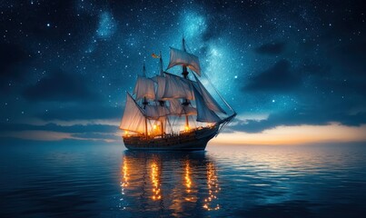 Fototapeta premium Sailing ship at night, starry sky, calm sea.