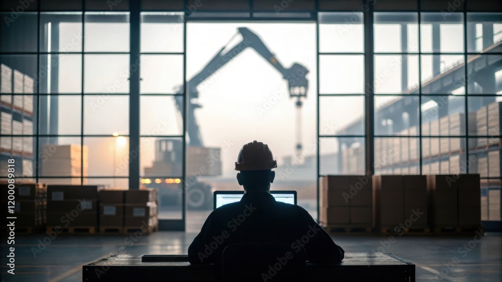 Aufkleber A worker intensely focused on a laptop screen with the silhouette of a robotic crane hard at work visible through a large warehouse window behind them.