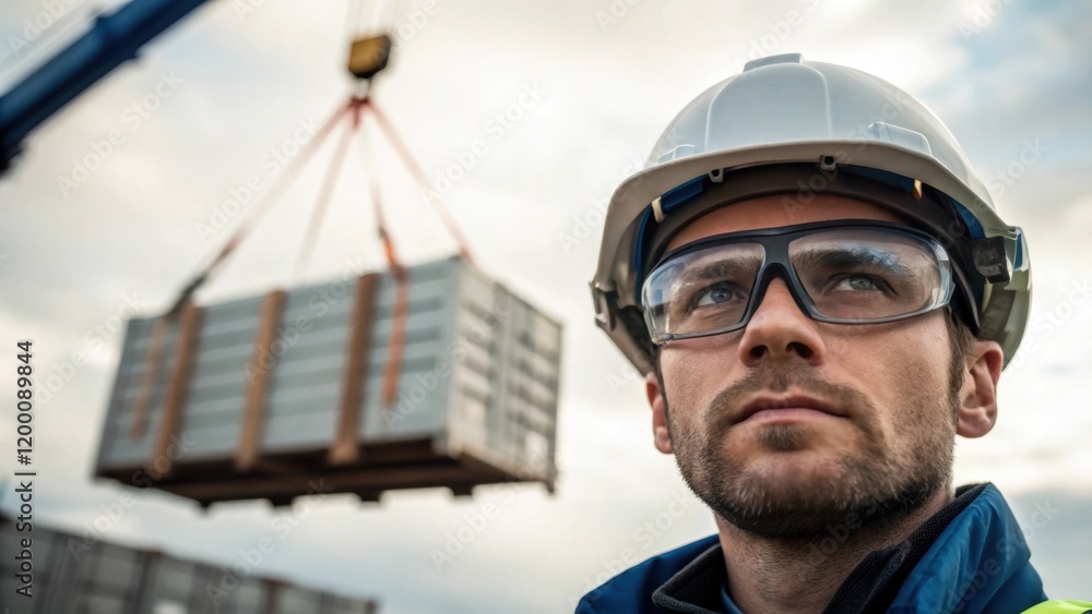 Aufkleber A workers face framed by a safety helmet and protective goggles displaying determination as they oversee the lifting of a large modular piece via crane.