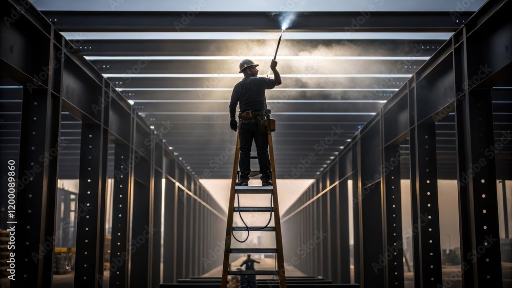 Aufkleber A worker standing on a ladder to reach the upper section of a tall steel beam with a spray gun raised bathed in soft light from above creating a dynamic angle.