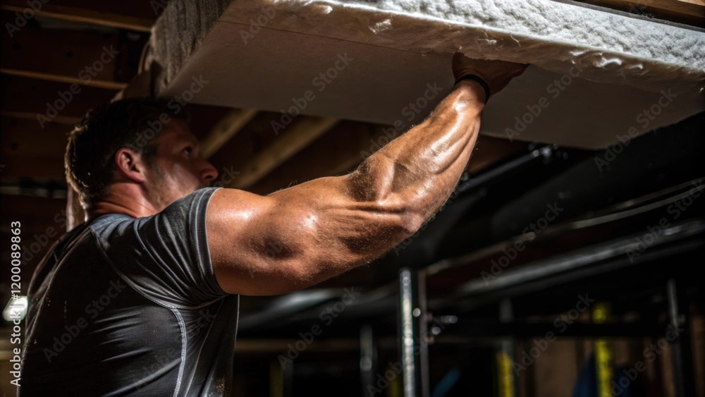 Poster a workers arm heavily muscled as they lift a large piece of insulation into place the closeup captur
