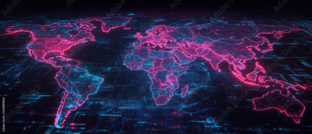 Aufkleber dynamic holographic map showcasing glowing lines across continents and oceans in a futuristic settin